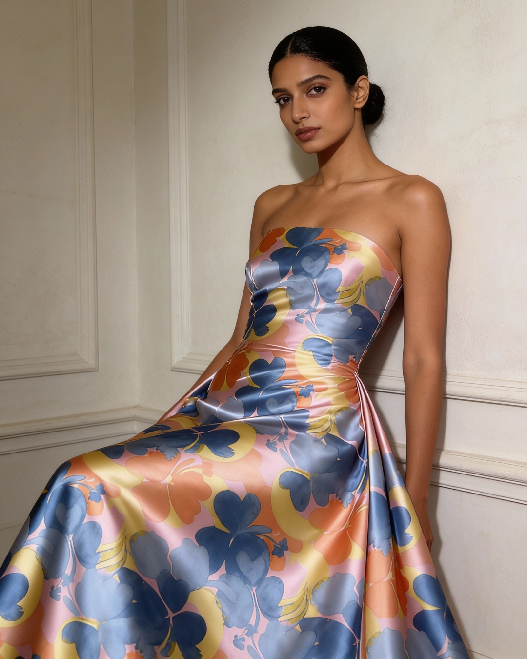 Printed floral satin gown in editorial setting
