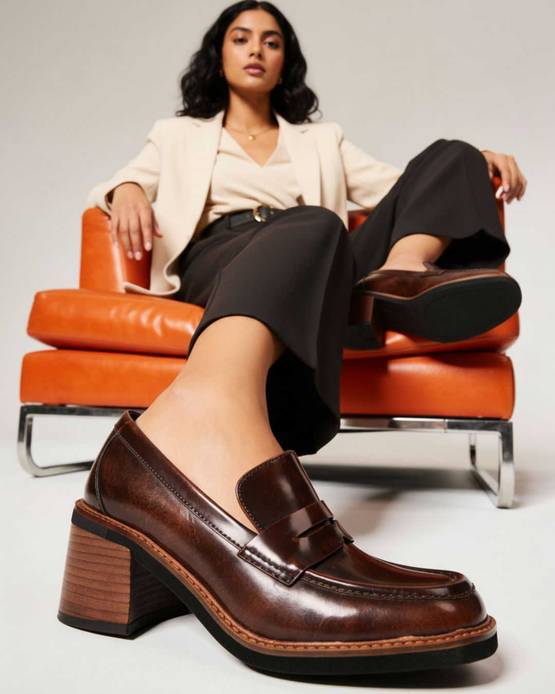 Loafer styled on orange leather chair