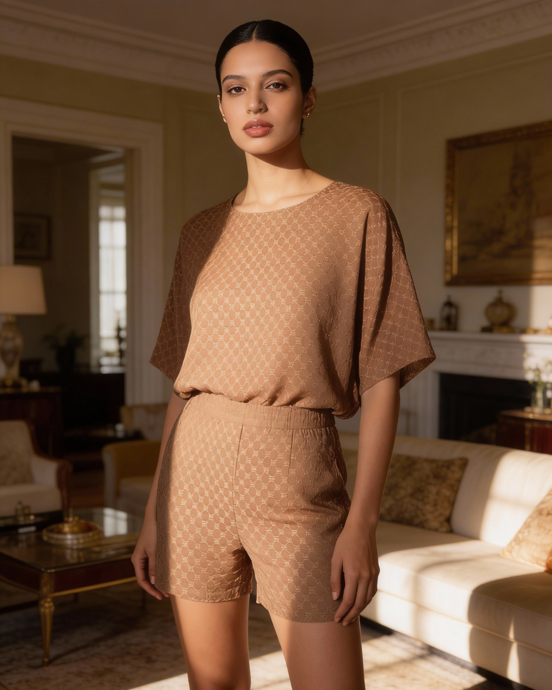 Beige co-ord set styled in a heritage interior