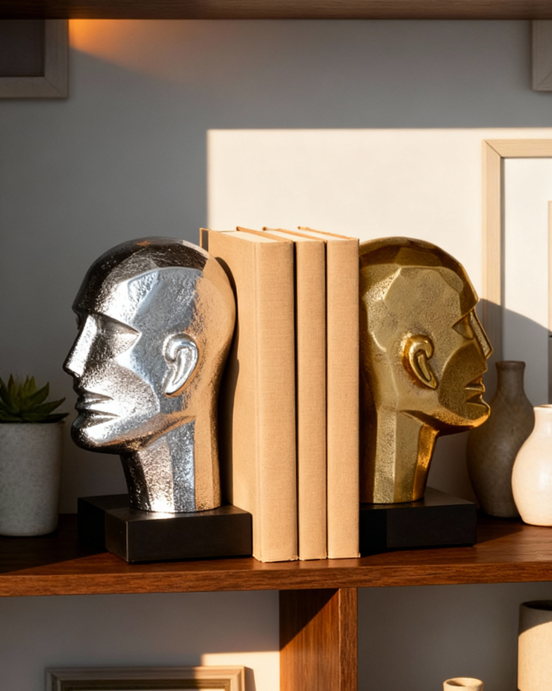 Head bookends styled with books on a shelf