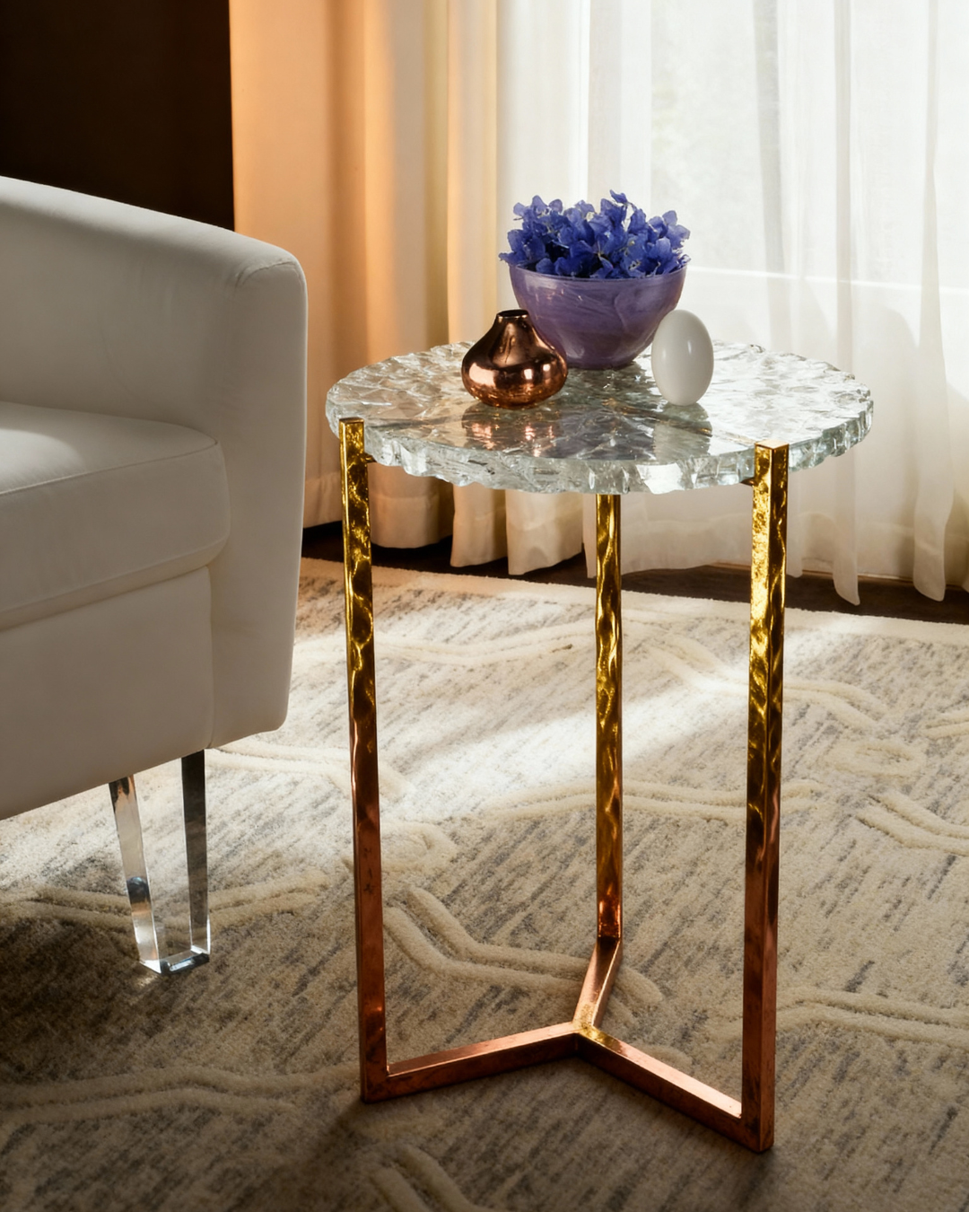 Glass-top side table styled in a lounge corner