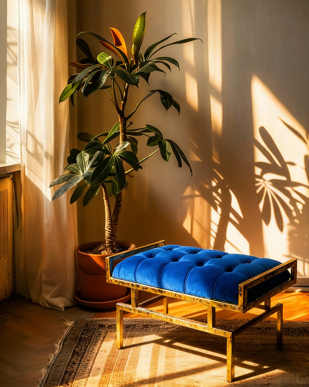 Manufacturer product visual: blue velvet bench styled in a sunlit interior