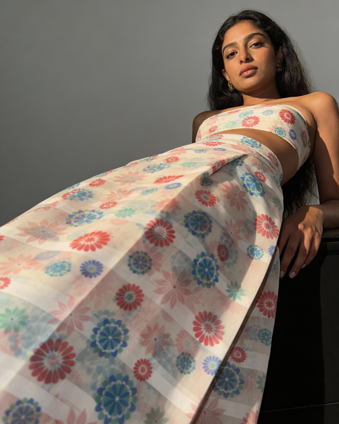 Printed organza fabric drape close-up