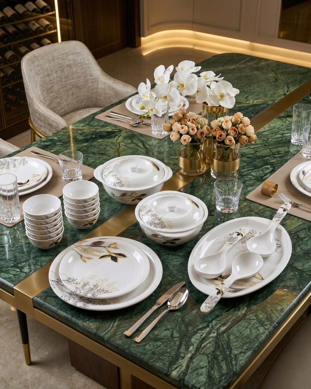 Formal dining table setting with floral tableware