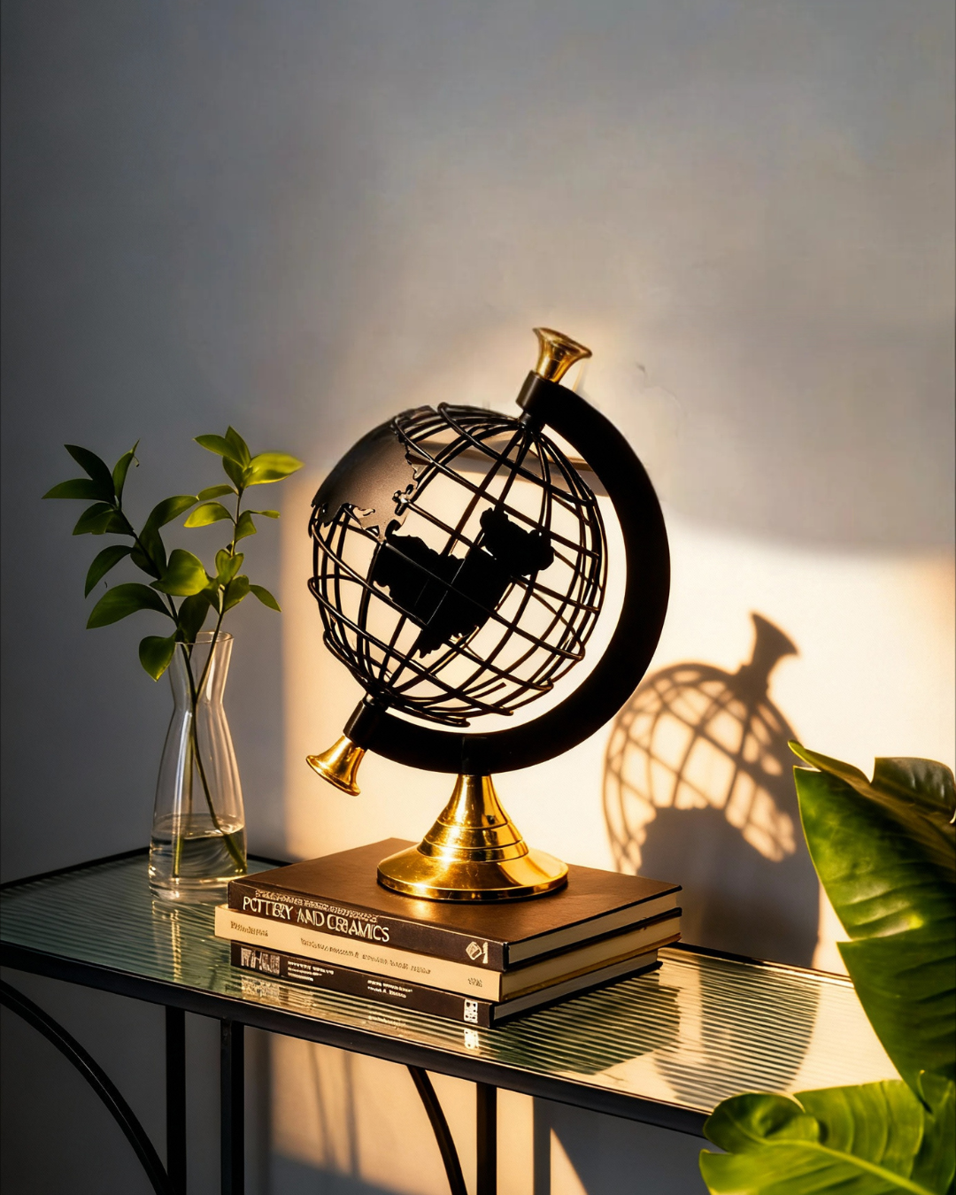 Decorative globe styled on a console with foliage