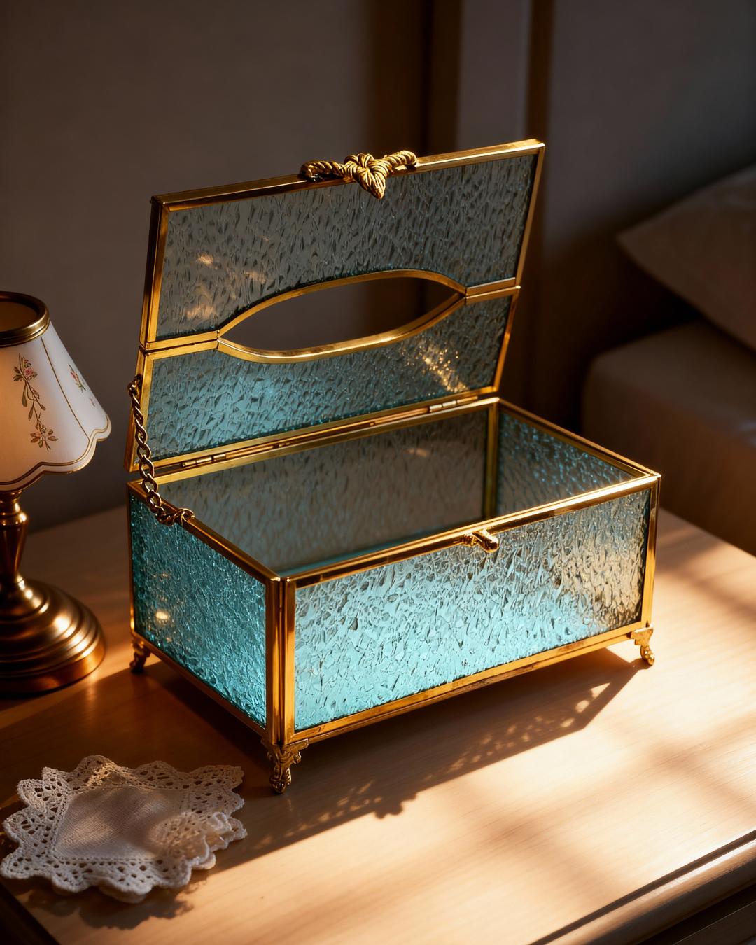 Glass and brass keepsake box styled in warm light