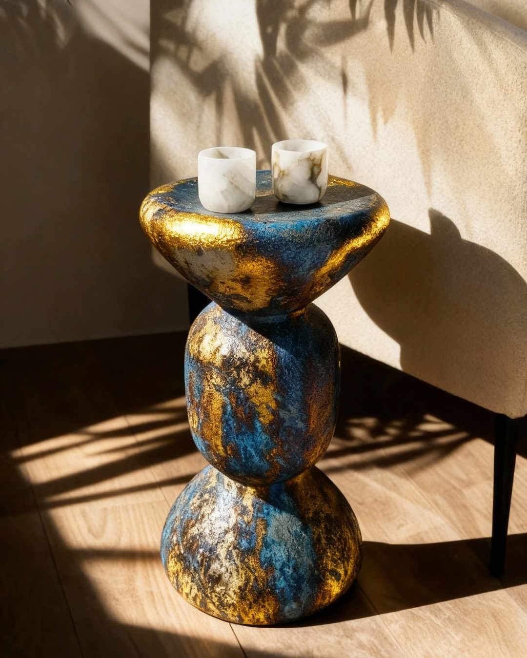 Carved wooden stool styled in a warm room